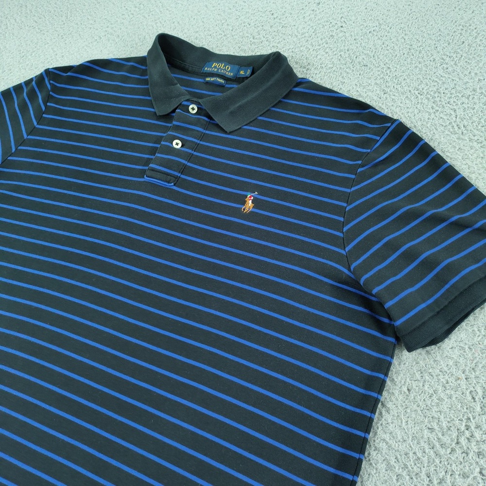 Polo Ralph Lauren Polo Shirt Mens XL Black Blue Stripe Pima Soft Touch Cotton
